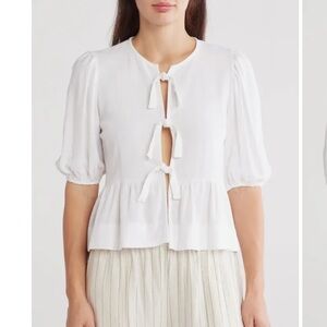 Renee C Tie Front Poplin Top White Puff Sleeve Peplum Cotton size Small